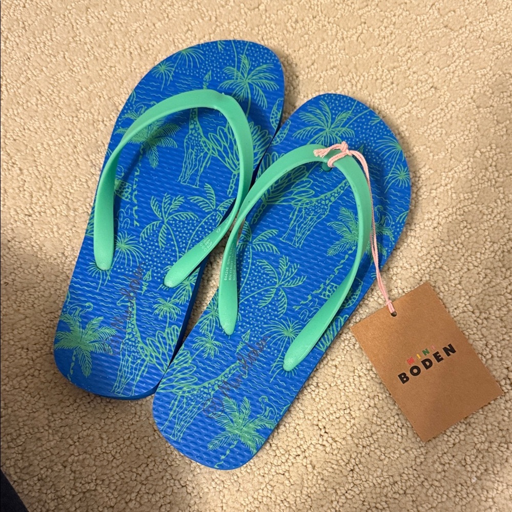 Mini Boden Blue Flip Flops with Green Palm Design